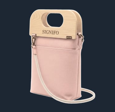 A serene, minimalist tote with a clean, upright shape and a unique, curved wooden top frame.