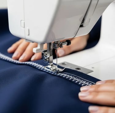 Proses menjahit tote bag DIY dengan mesin jahit di atas kain kanvas SIGNIFO yang kuat.