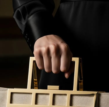Detail pegangan logam The "Aura" Tote yang dirancang untuk genggaman penuh kekuatan.