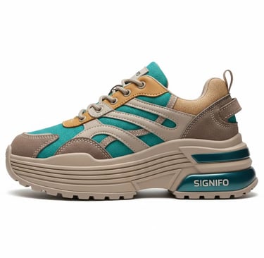Sepatu sneakers SIGNIFO Chunky, berwarna teal dan krem dengan sol tebal.