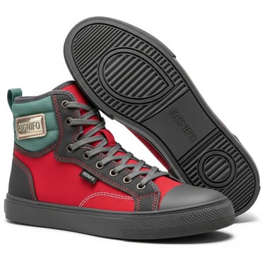 Sepatu sneakers high-top SIGNIFO berwarna merah, abu-abu, dan hijau mint dengan sol karet.
