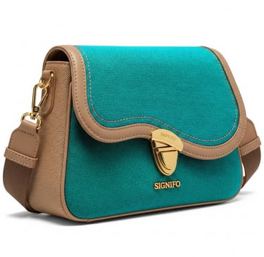 Tas bahu SIGNIFO Wave, berwarna teal dan krem, dengan gesper emas.