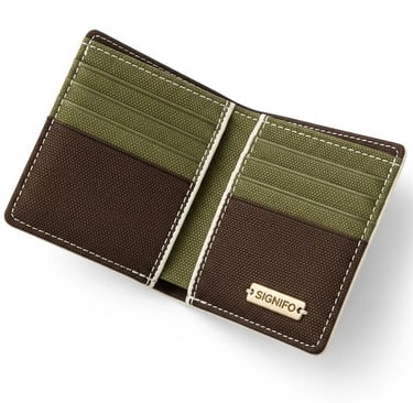 Dompet tipis SIGNIFO cokelat dan hijau, dengan jahitan putih.
