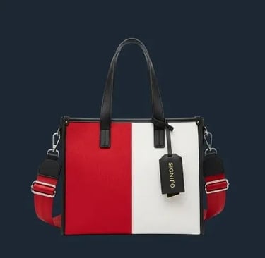 Tote bag kanvas SIGNIFO dengan kombinasi warna klasik merah, putih, dan tali selempang hitam.