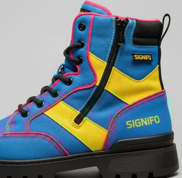 Sepatu boot SIGNIFO Volt Current Transit, berwarna biru, kuning, dan merah muda.