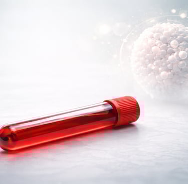 Tubo de sangue em fundo clínico com representação molecular da ferritina, simbolizando avaliação hematológica.