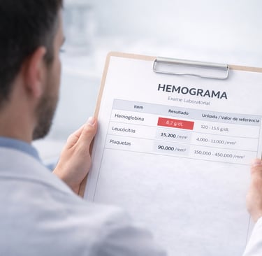 Médico analisando hemograma alterado com valores de hemoglobina, leucócitos e plaquetas em exame laboratorial.