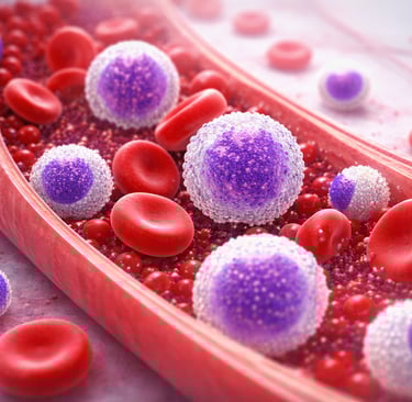 Ilustração médica de células sanguíneas alteradas representando leucemia em vaso sanguíneo.