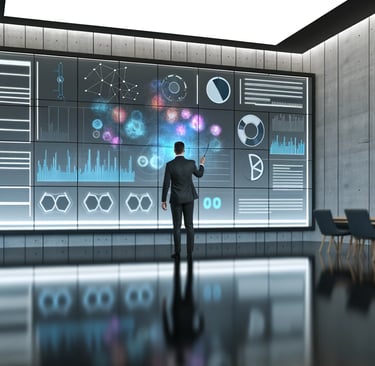 líder empresarial de pie frente a una gran pantalla táctil interactiva en una sala de reuniones moderna y minimalista.