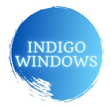 a blue and white logo with the words indigo windows