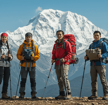 Hikers wearing climate ready clothing with hiking gear with mountain background
