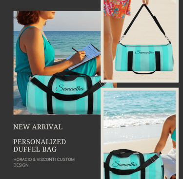 a woman sitting on a beach with a blue and white bag