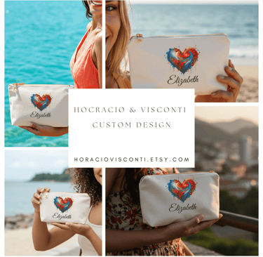 a woman holding a cosmetic bag with a heart shaped design