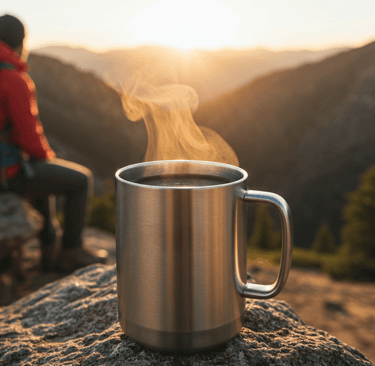 Hiker enjoying morning coffee on top of a mountain