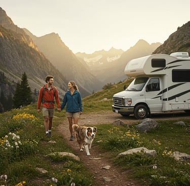 Couple with happy dog going on a hike in the mountains with RV in the background