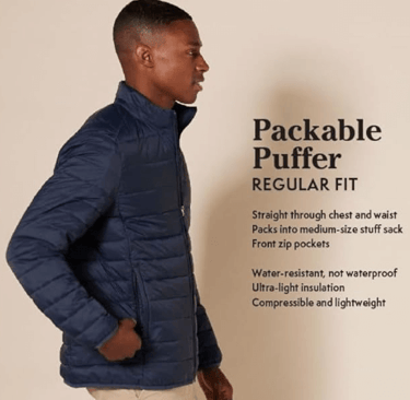 man wearing a packable puffer regular fit Amazon Essentials down jacket