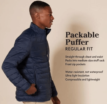 Amazon Essentials Men's Lightweight Packable Puffer Jacket, showcasing its packability