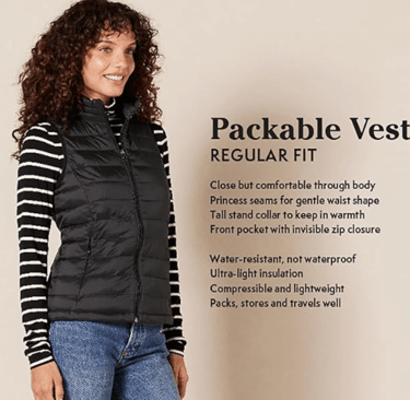 Amazon Essentials Women's Packable Puffer Vest providing versatile warmth for cool climate vacations
