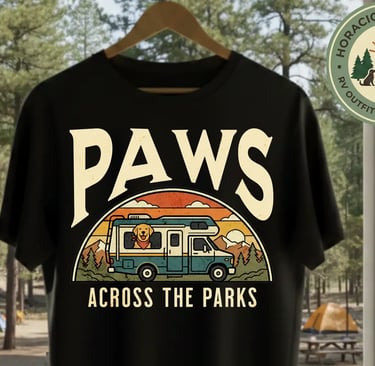 Paws Across the Parks RV life with dogs shirt by Horacio & Visconti — Golden Retriever motorhome des