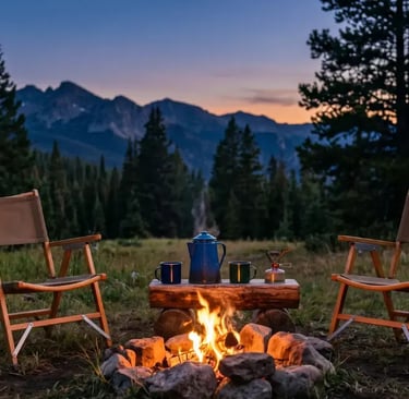 Mountain campsite at dusk with camp chairs, a campfire, and cooking gear — Horacio & Visconti