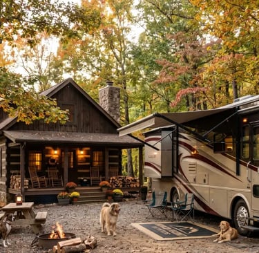 Two dogs relaxing outside a lit log cabin with a Class A motorhome parked nearby in fall foliage — H