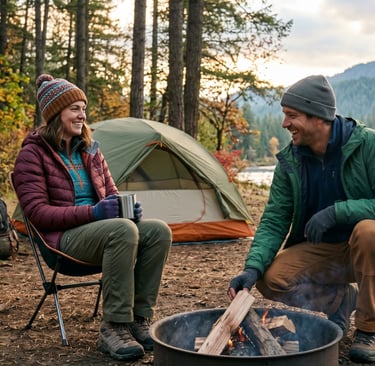 Couple in layered outdoor clothing at a fall campfire showing RV trip packing essentials — Horacio &