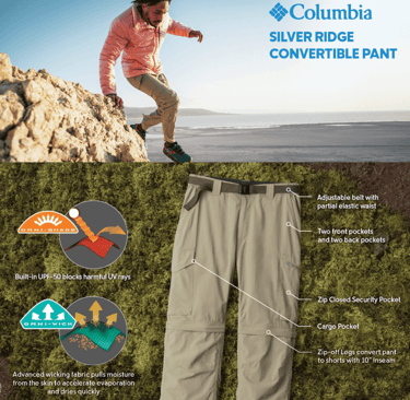 Model wearing Columbia Men's Silver Ridge Convertible Pants, highlighting versatile clothing
