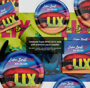 a variety of super bowl party supplies including a super bowl