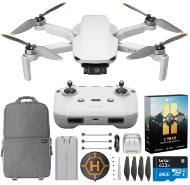 Travel white drone with a camera and a backpack