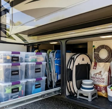 Organized RV storage bay packed with gear, dog food, and camping essentials for a cabin road trip —