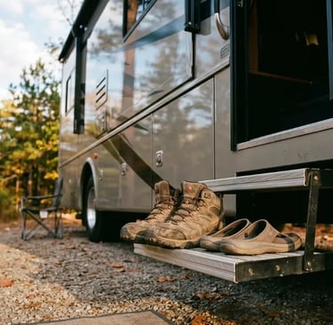 Hiking boots and camp shoes on RV entry step at a fall campsite — Horacio & Visconti