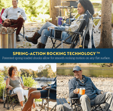 happy campers using GCI Outdoor Kickback Rocker Chair, comfortable rocking camping chair.