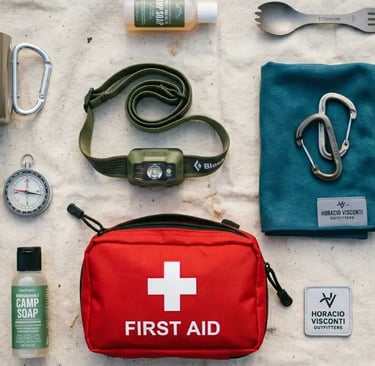 Flat lay of essential RV camping gear including headlamp, first aid kit, quick-dry towel, and camp s