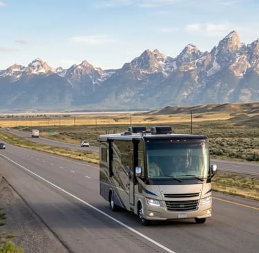 Class A motorhome on open highway heading toward mountain range on an RV road trip — Horacio & Visco