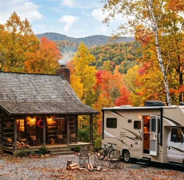 RV parked outside a rustic cabin in fall foliage