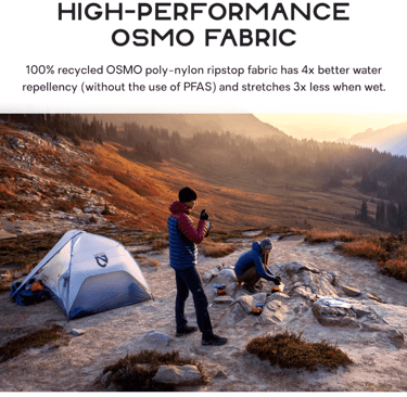 a man taking a photo of a woman by a Nemo Hornet tent