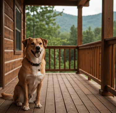 Happy dog enjoying a pet friendly cabin rental porch with a scenic view, perfect for dog friendly