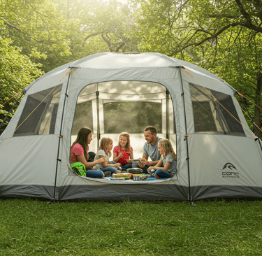 Family enjoying a spacious and easy setup tent at a scenic US National Park or RV park campsite.