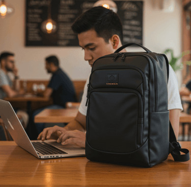 College student with Tech Backpack with charging capabilities, showcasing versatility for US city