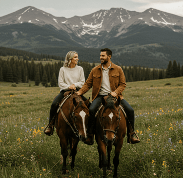 Couple bonding during a Colorado Dude Ranch horseback ride with mountain scenic view