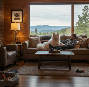 Traveler and dog relaxing inside a spacious pet friendly cabin rental living room,