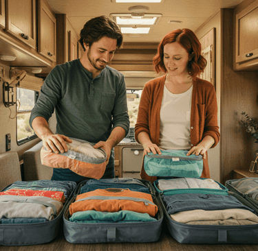 Couple organizing packable clothing for RV living and enjoying versatile outfits 