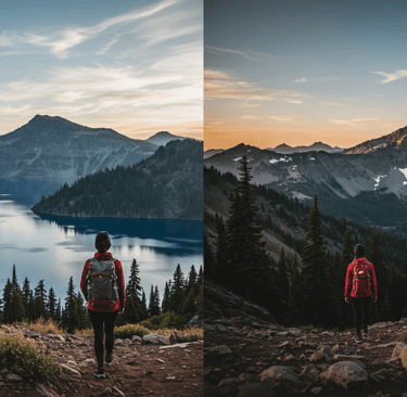 women traveler in two different mountain hikes using versatile clothing