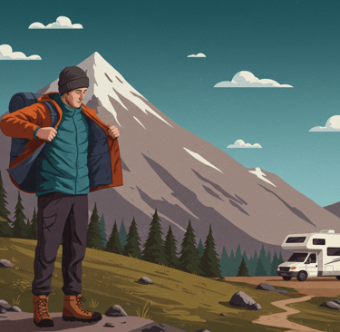 Hiker demonstrating a layering system outdoor using packable adventure wear during RV travel