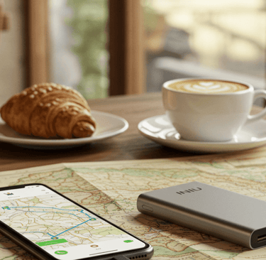 Flat lay of essential travel gadgets 2025 including power bank, adapter, and headphones on a map