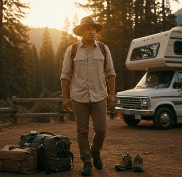 Traveler demonstrating versatile travel clothes for hot weather, suitable for RV travel and hiking