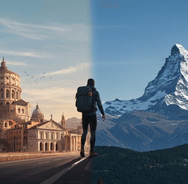 Digital art depicting a traveler in adaptable clothing walking smoothly from a vibrant city