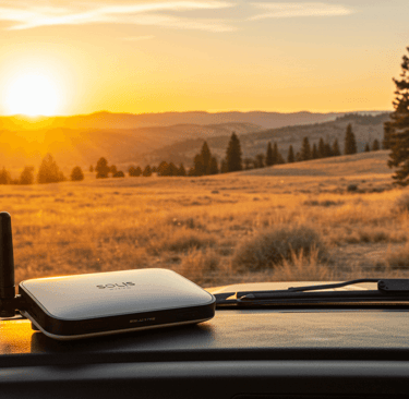 Connected while on the road at sunset at camping site