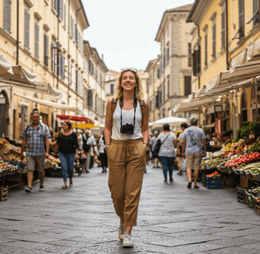 women walking in Italy market area with camara and comfortable and stylish travel pants 
