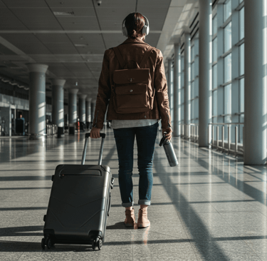 Travel photography of women walking in airport with suitcase, water bottle and headphones